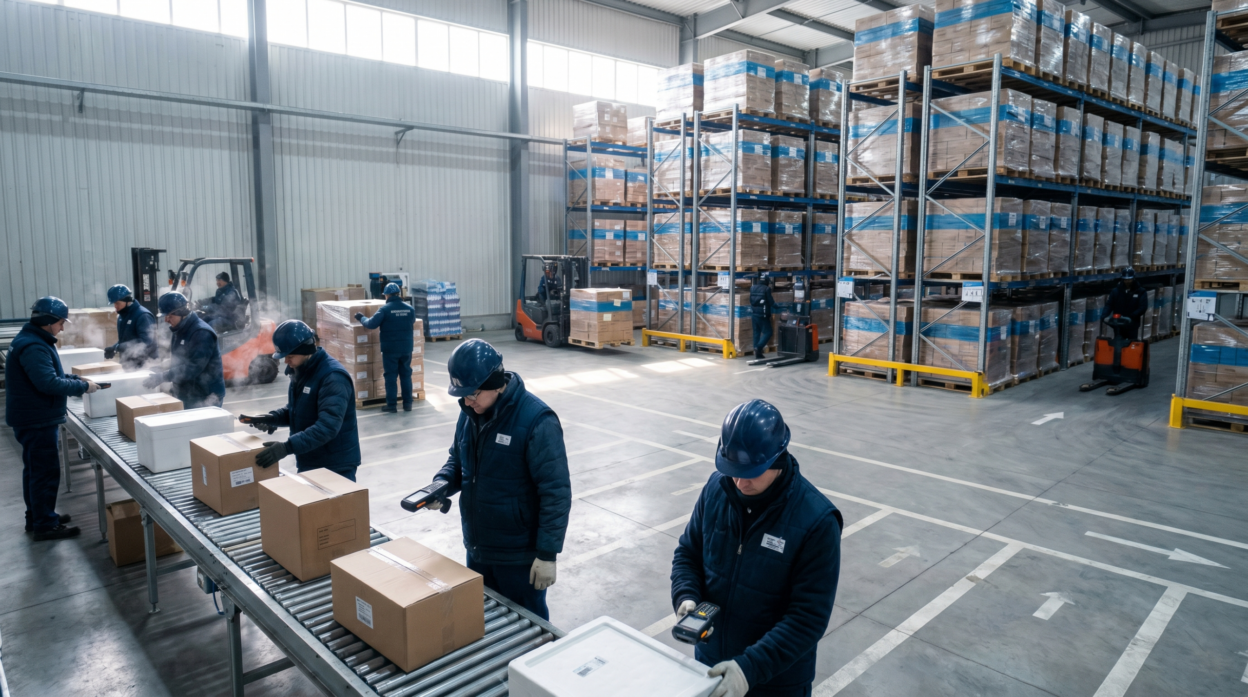 Warehouse dock with workers and conveyor belt