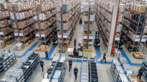 Aerial view of organized warehouse floor