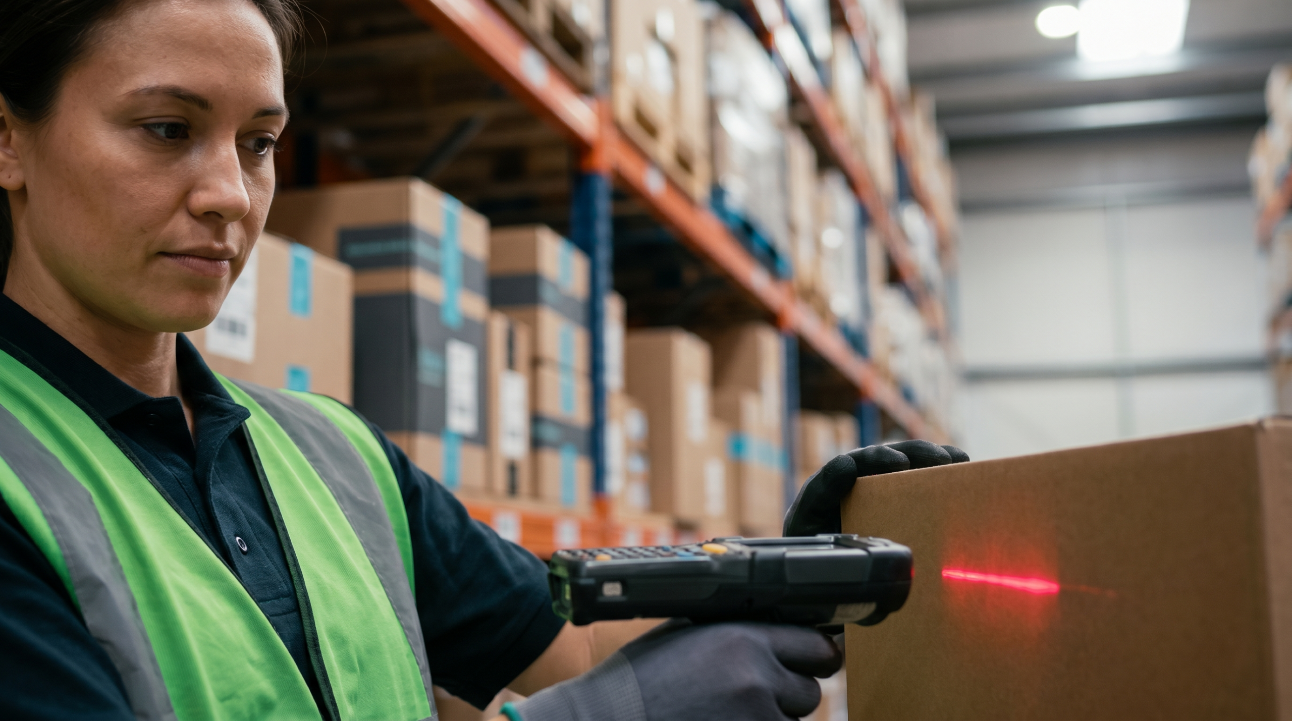Warehouse worker scanning barcode on package