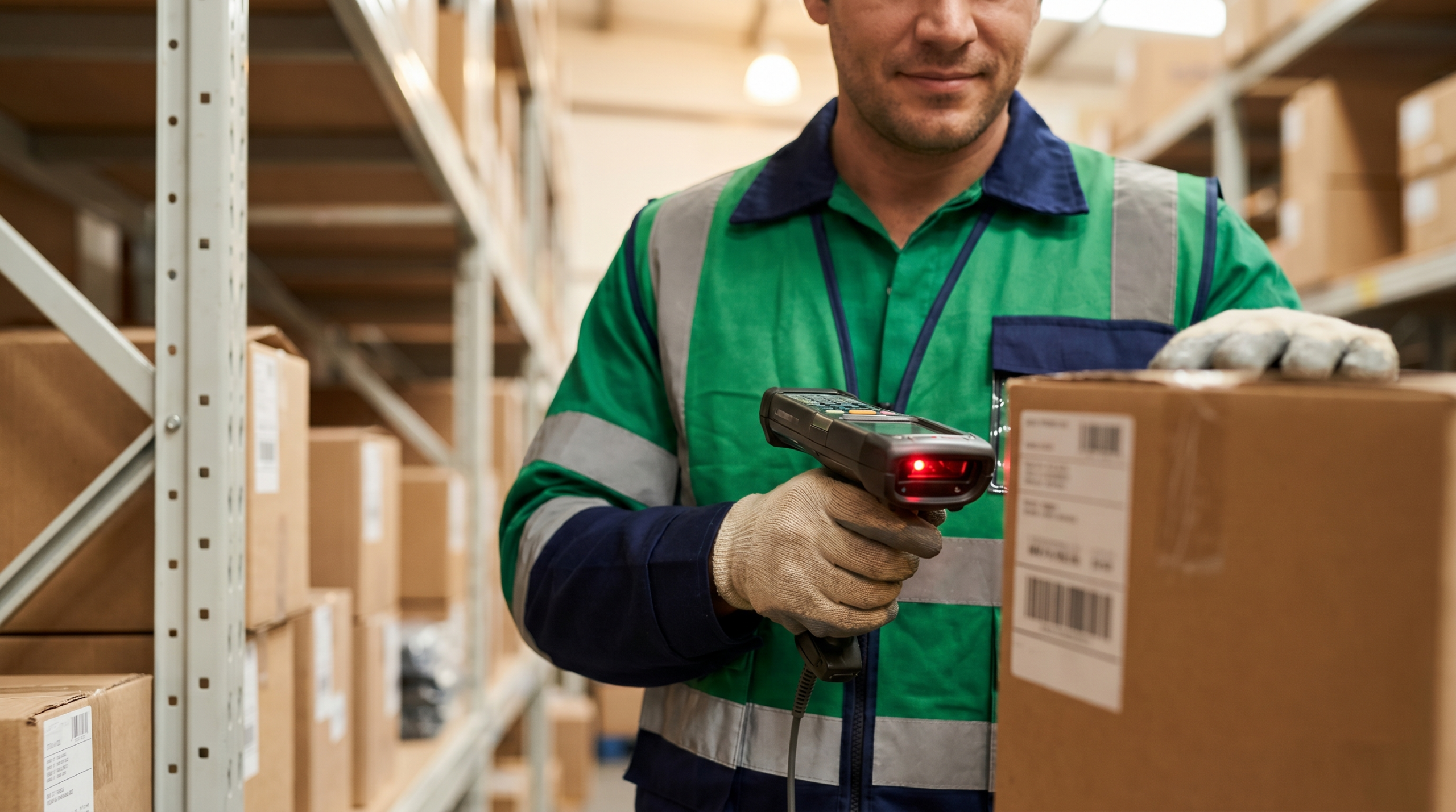Warehouse worker scanning barcode on package