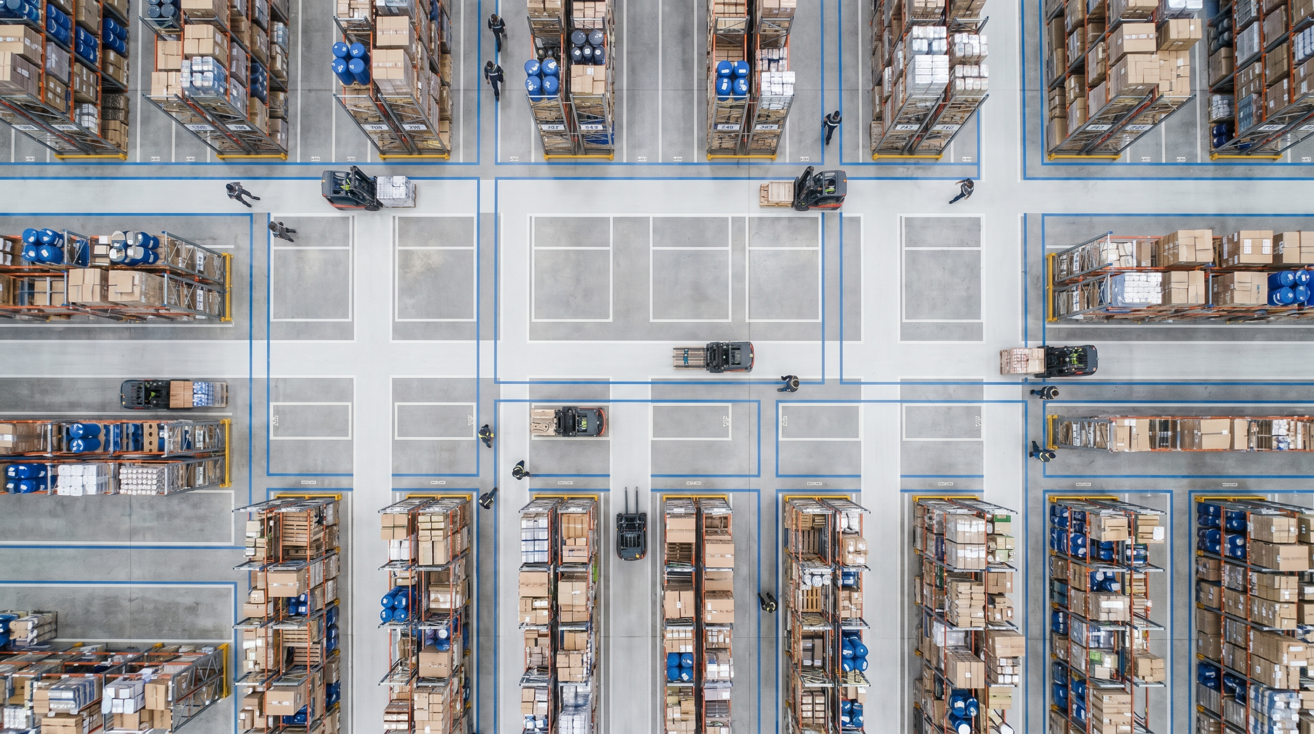 Aerial view of organized warehouse floor