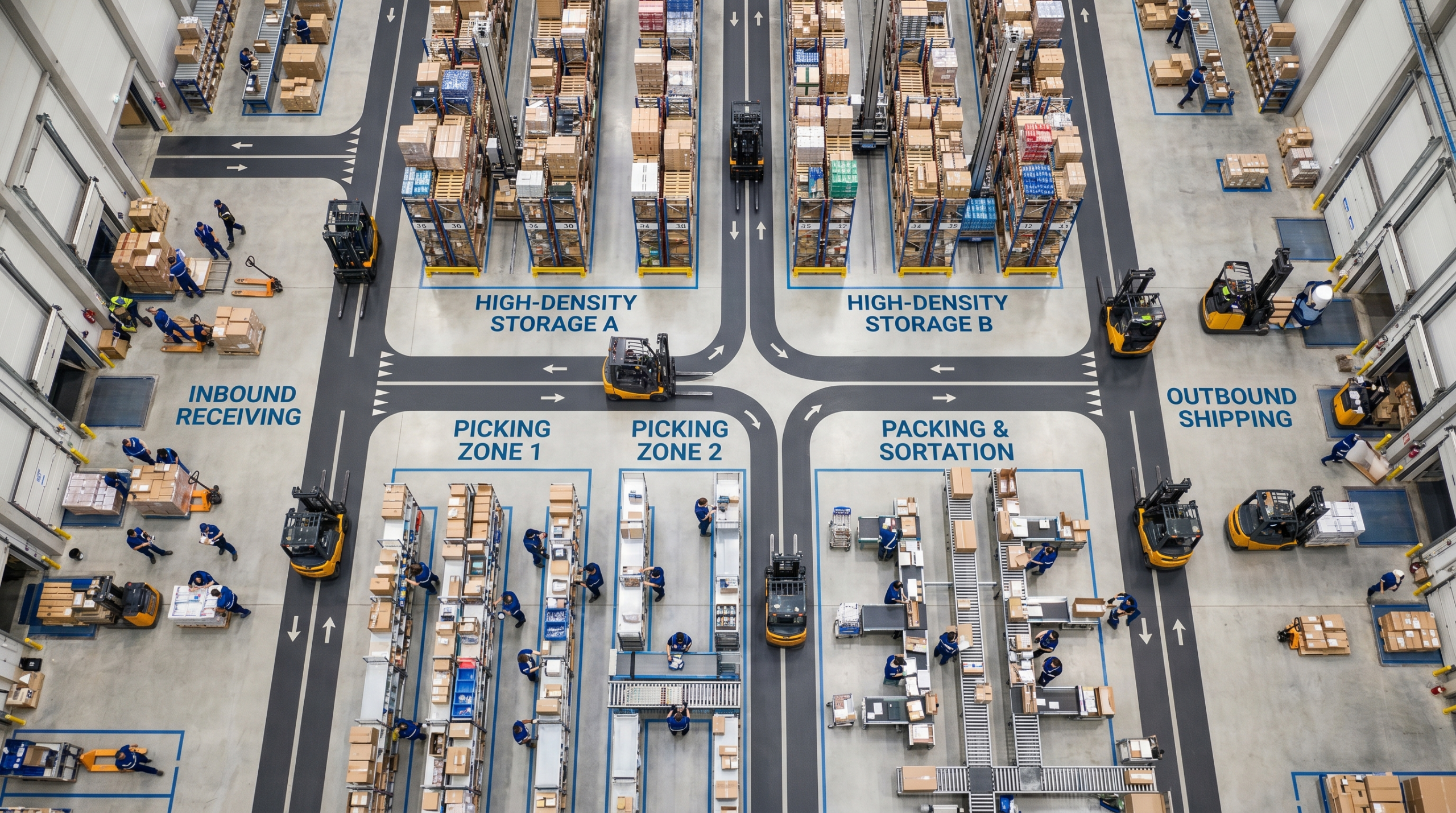 Aerial view of organized warehouse floor