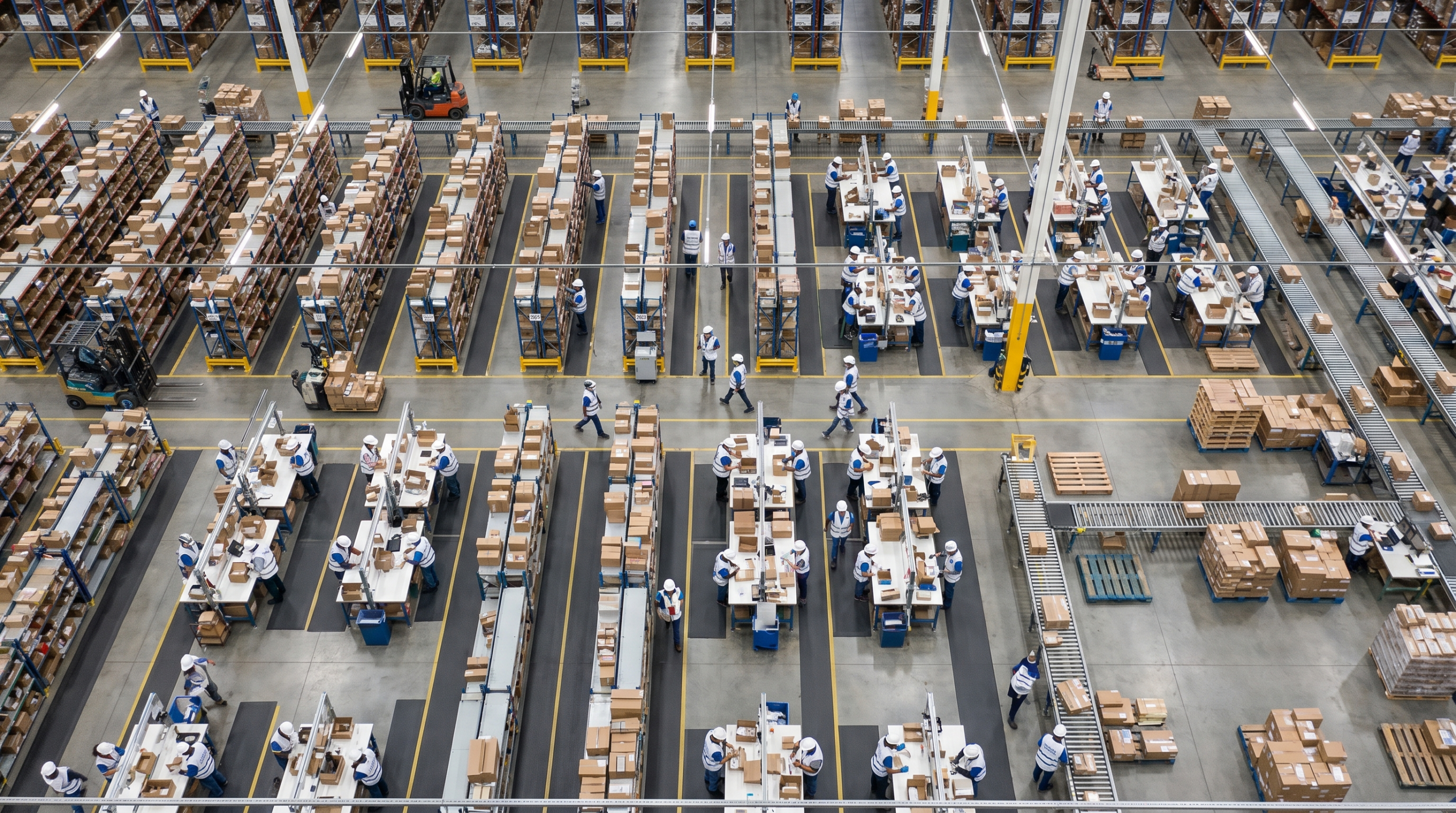 Aerial view of organized warehouse floor.