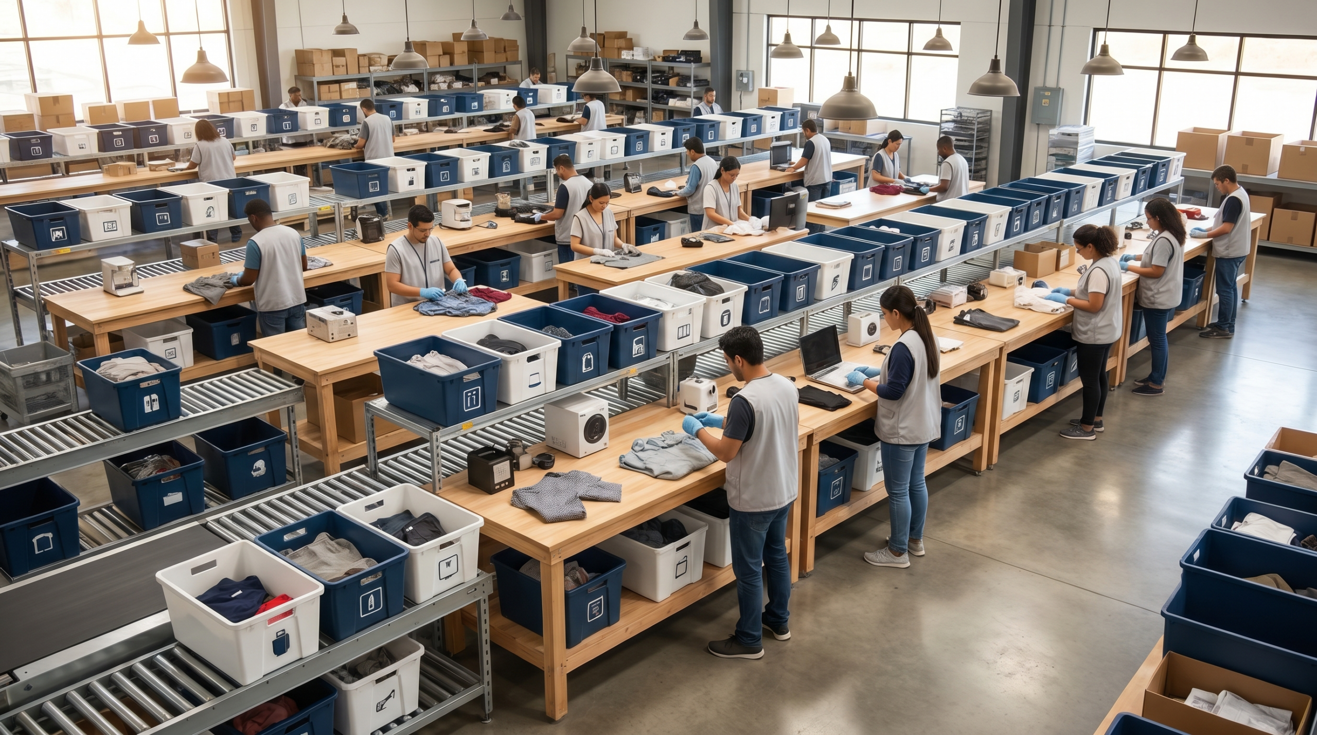Wide shot of distribution center operations.