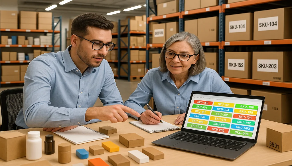 Two warehouse employees reviewing SKU codes on laptop screen in organized storage facility
