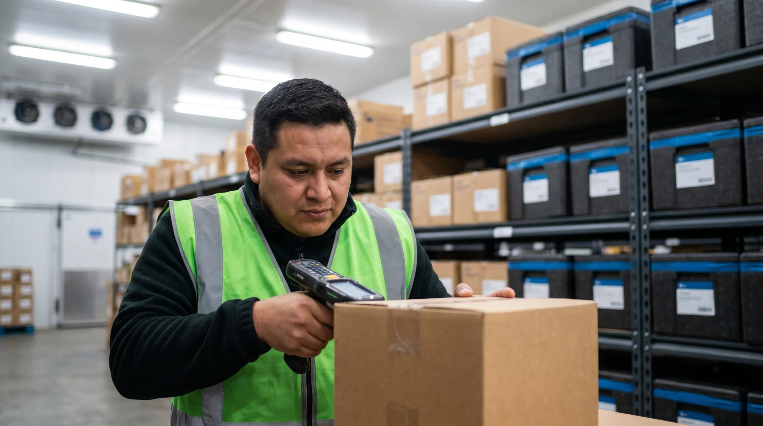 Warehouse worker scanning barcode on package
