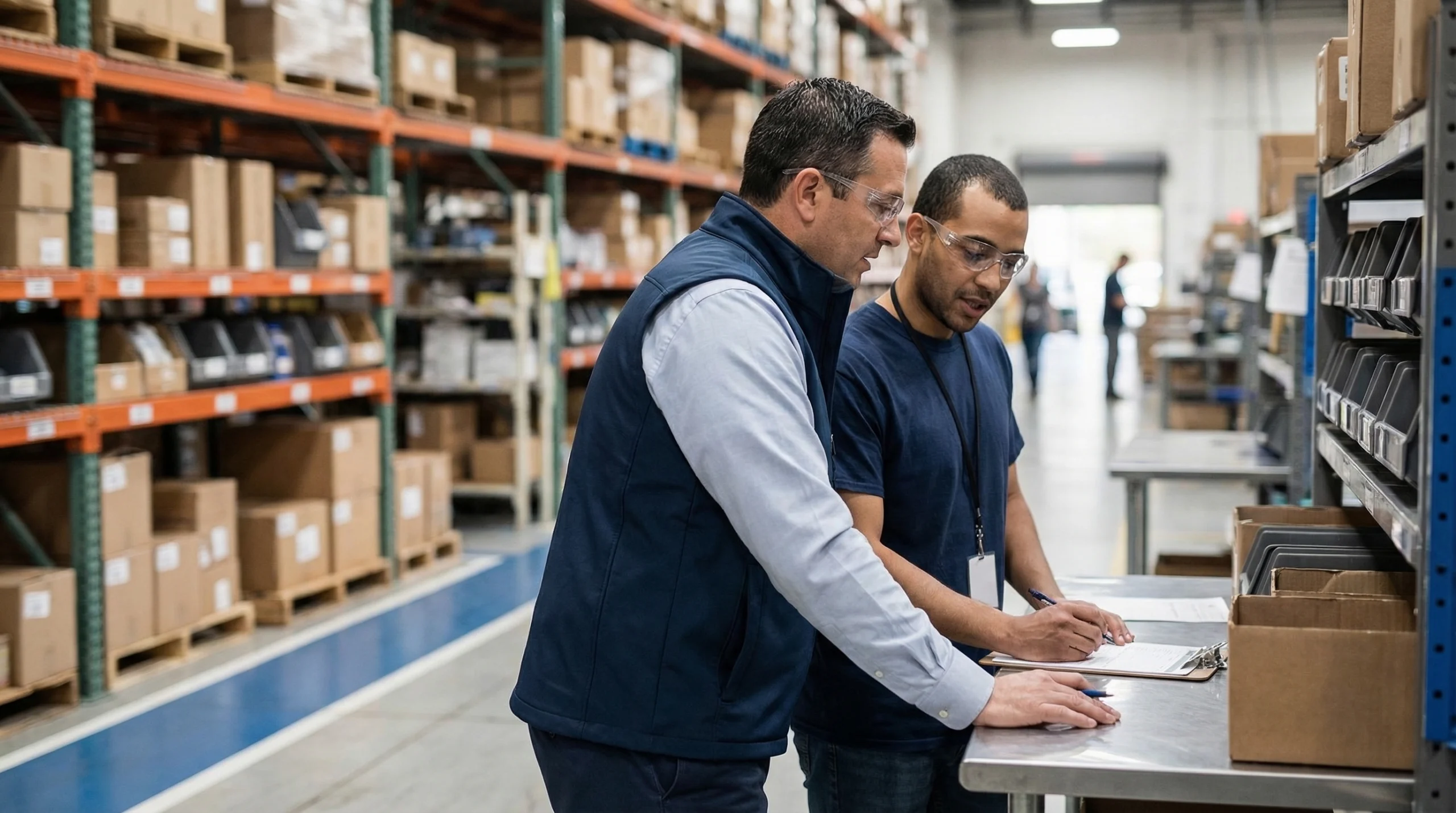 Warehouse supervisor talks to worker
