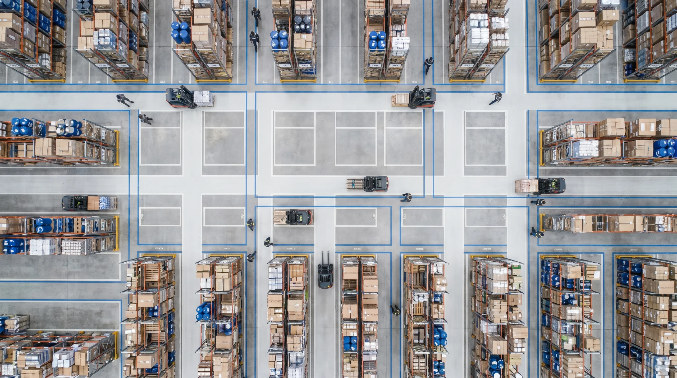 Aerial view of organized warehouse floor.