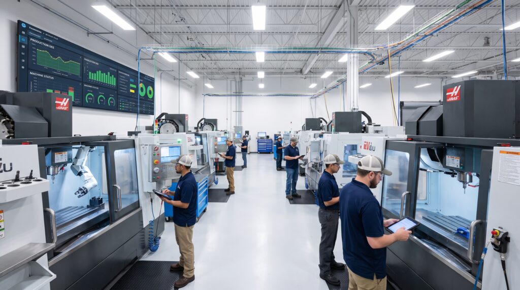 Modern manufacturing shop floor with connected machines and real-time production dashboard