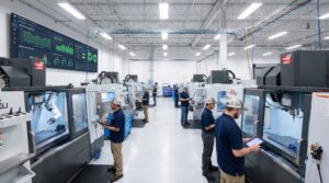 Modern manufacturing shop floor with connected machines and real-time production dashboard