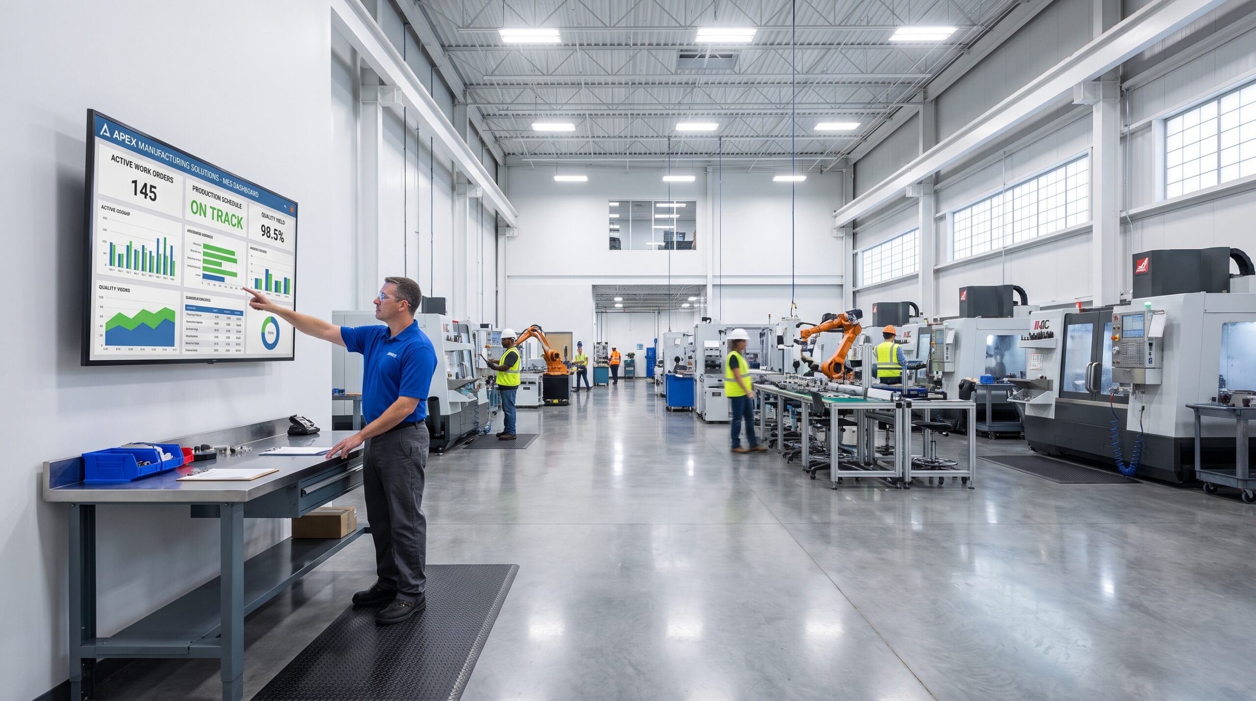 Shop floor supervisor reviewing a live MES production dashboard