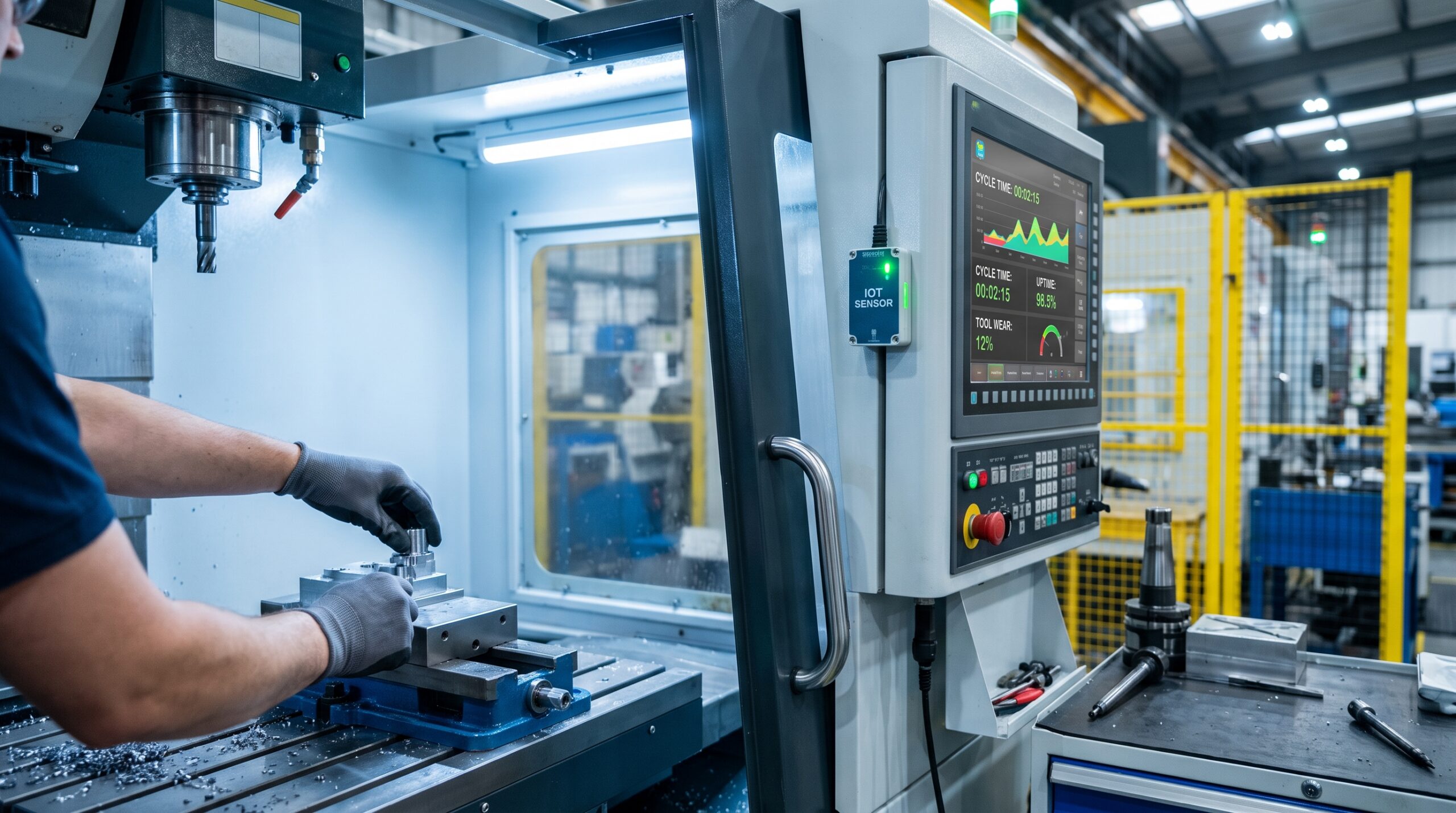 Operator viewing real-time machine data on a screen at a CNC production machine