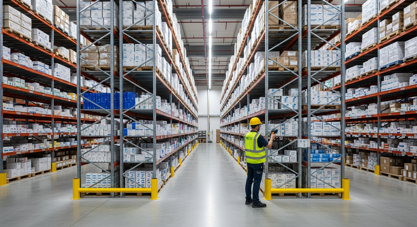 Pharmaceutical distribution warehouse with worker scanning inventory on shelves