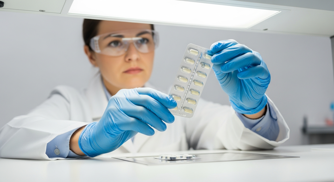 Pharmaceutical inspector examining medication blister pack for quality control