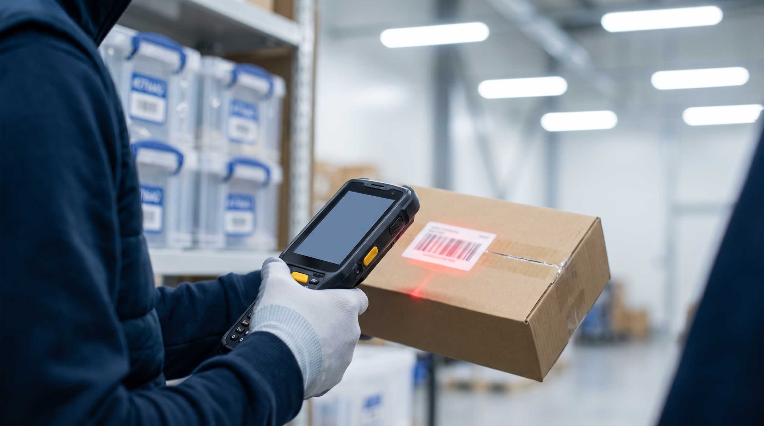 Warehouse worker scanning barcode on package
