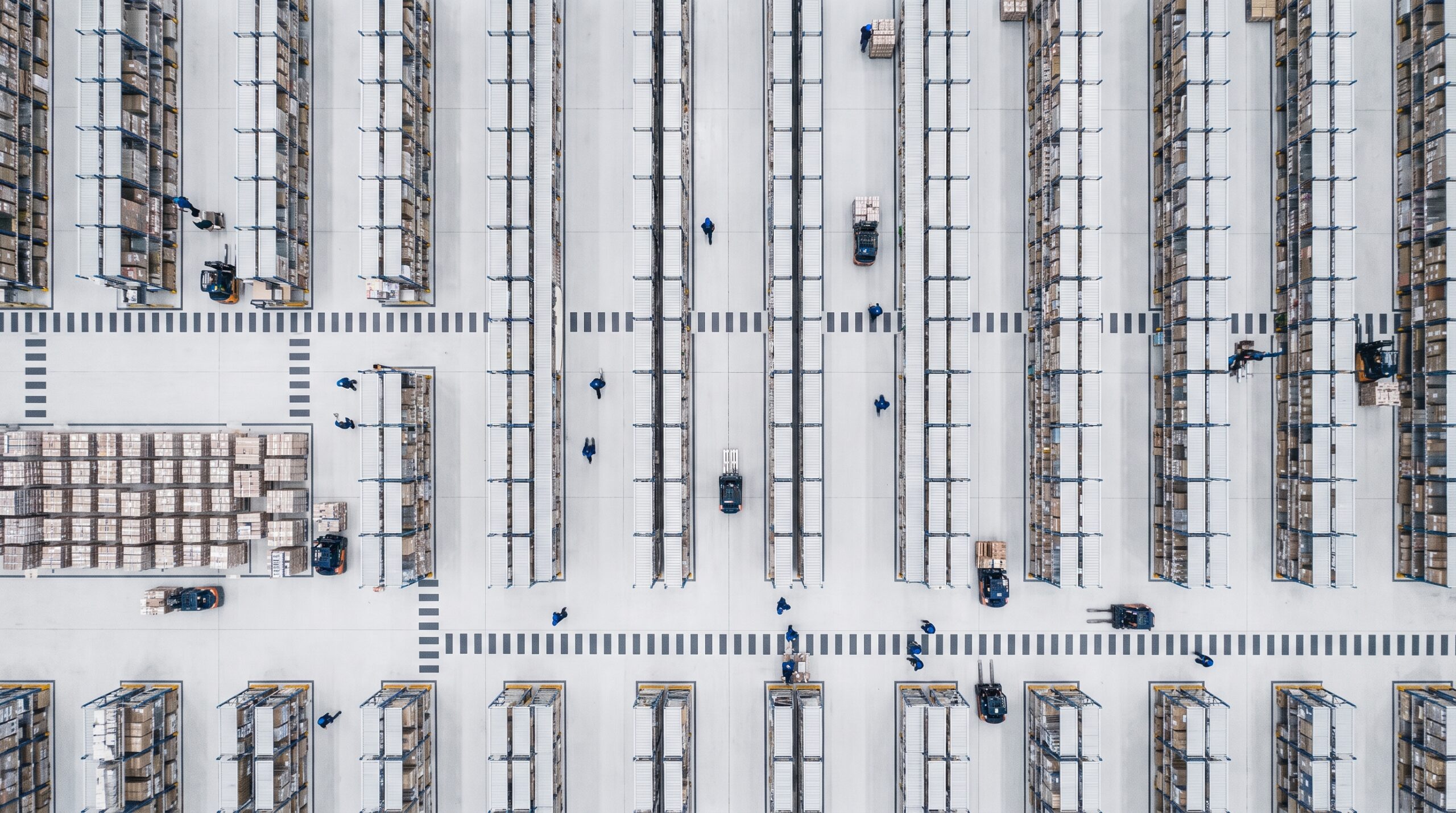 Aerial view of organized warehouse floor