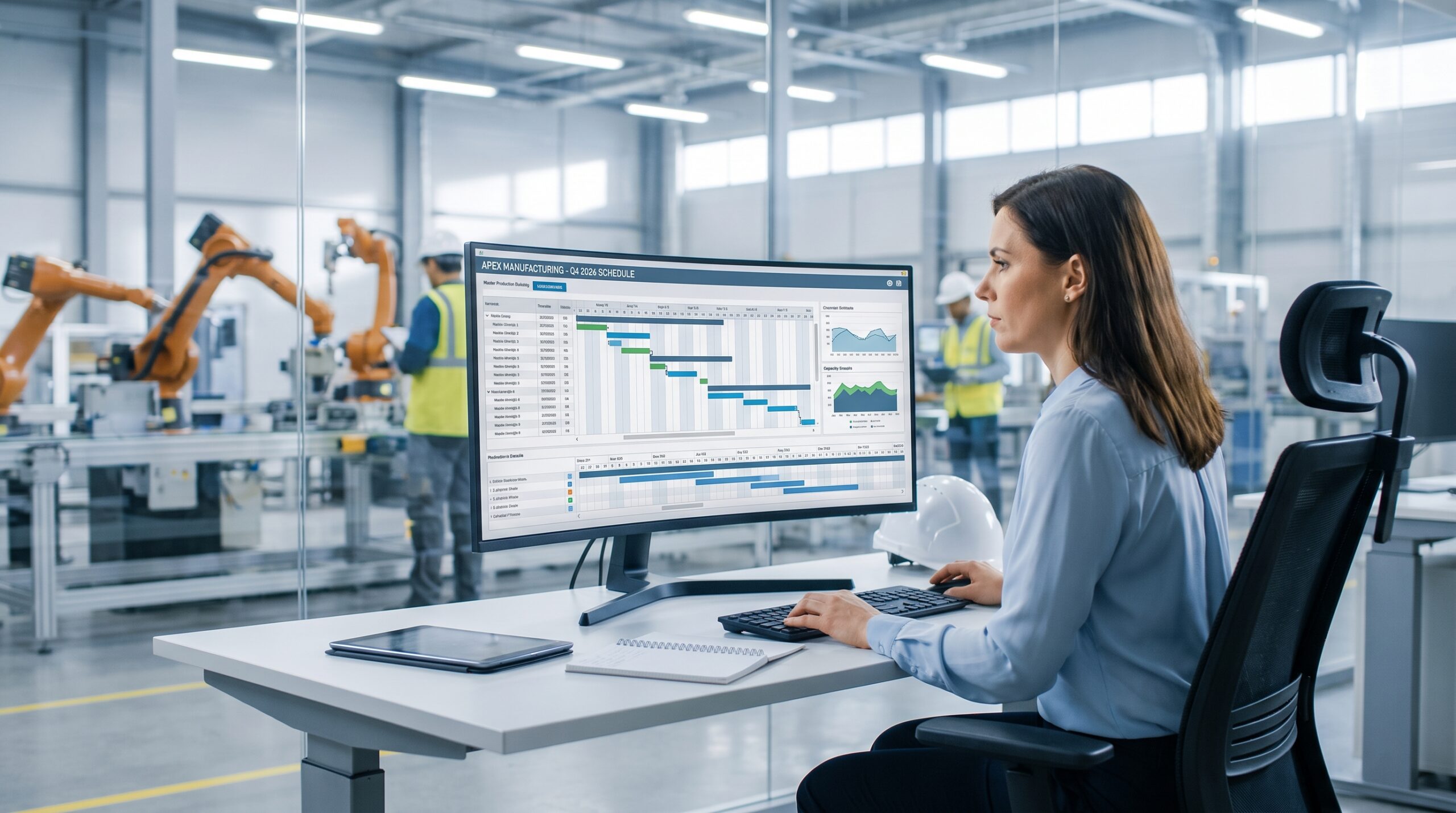 Production planner reviewing a master production schedule on a monitor in a modern manufacturing facility